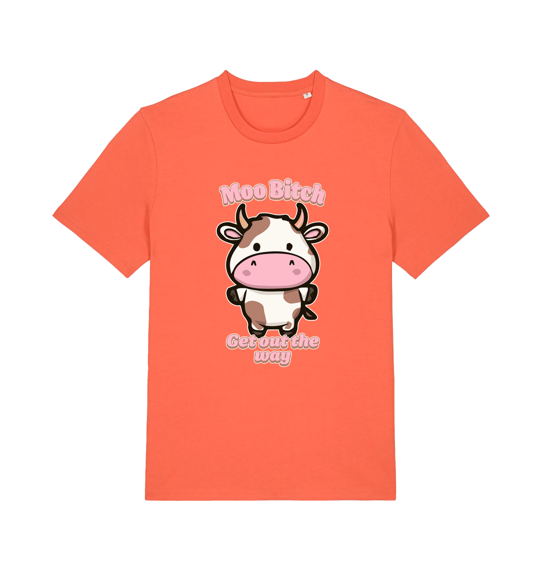 orange kawaii t-shirt with the graphic of a cute cow and the slogan 'moo bitch get out the way'