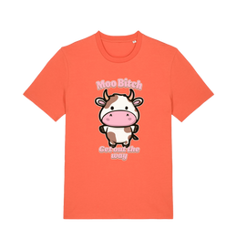 orange kawaii t-shirt with the graphic of a cute cow and the slogan 'moo bitch get out the way'