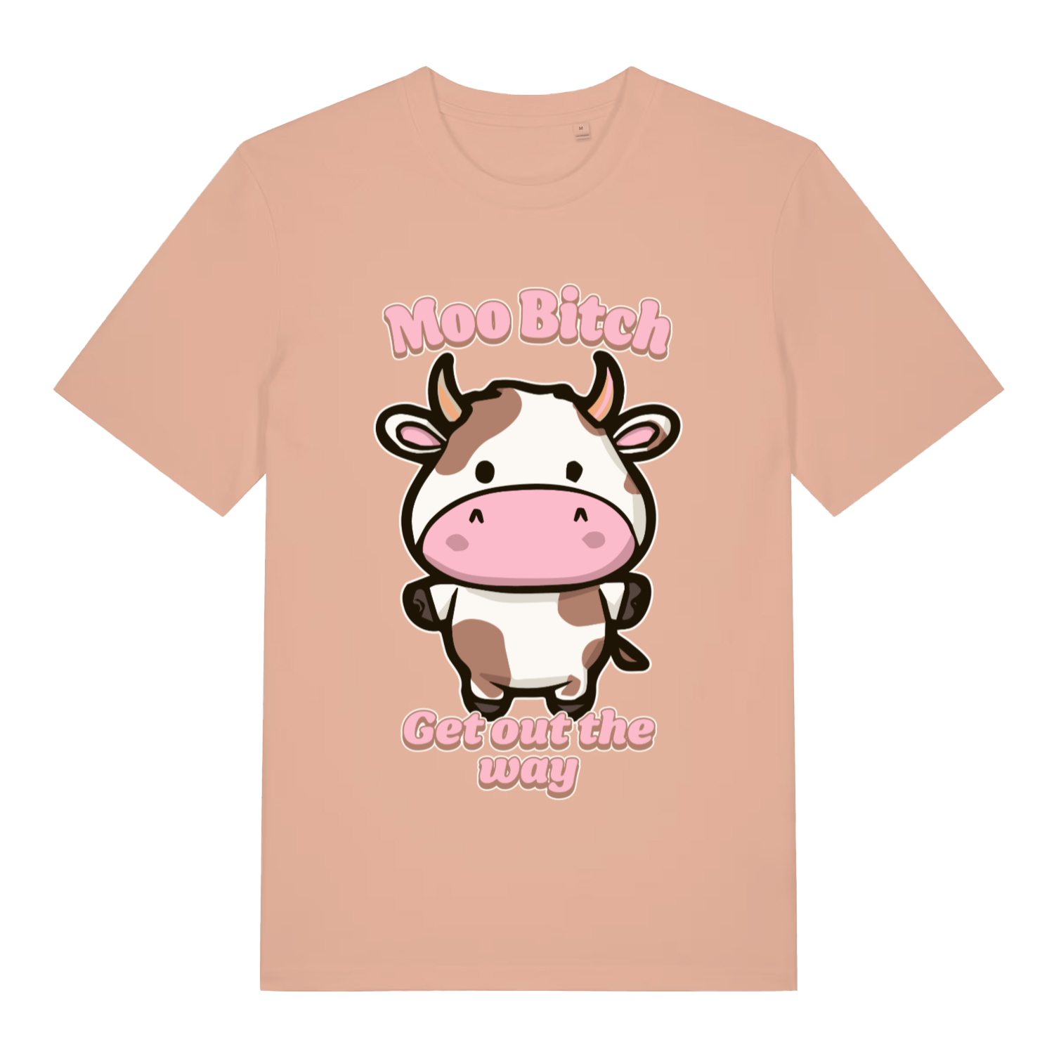 Peach Moo Bitch Get Out The Way funny graphic t-shirt with angry cute cow and bold text  