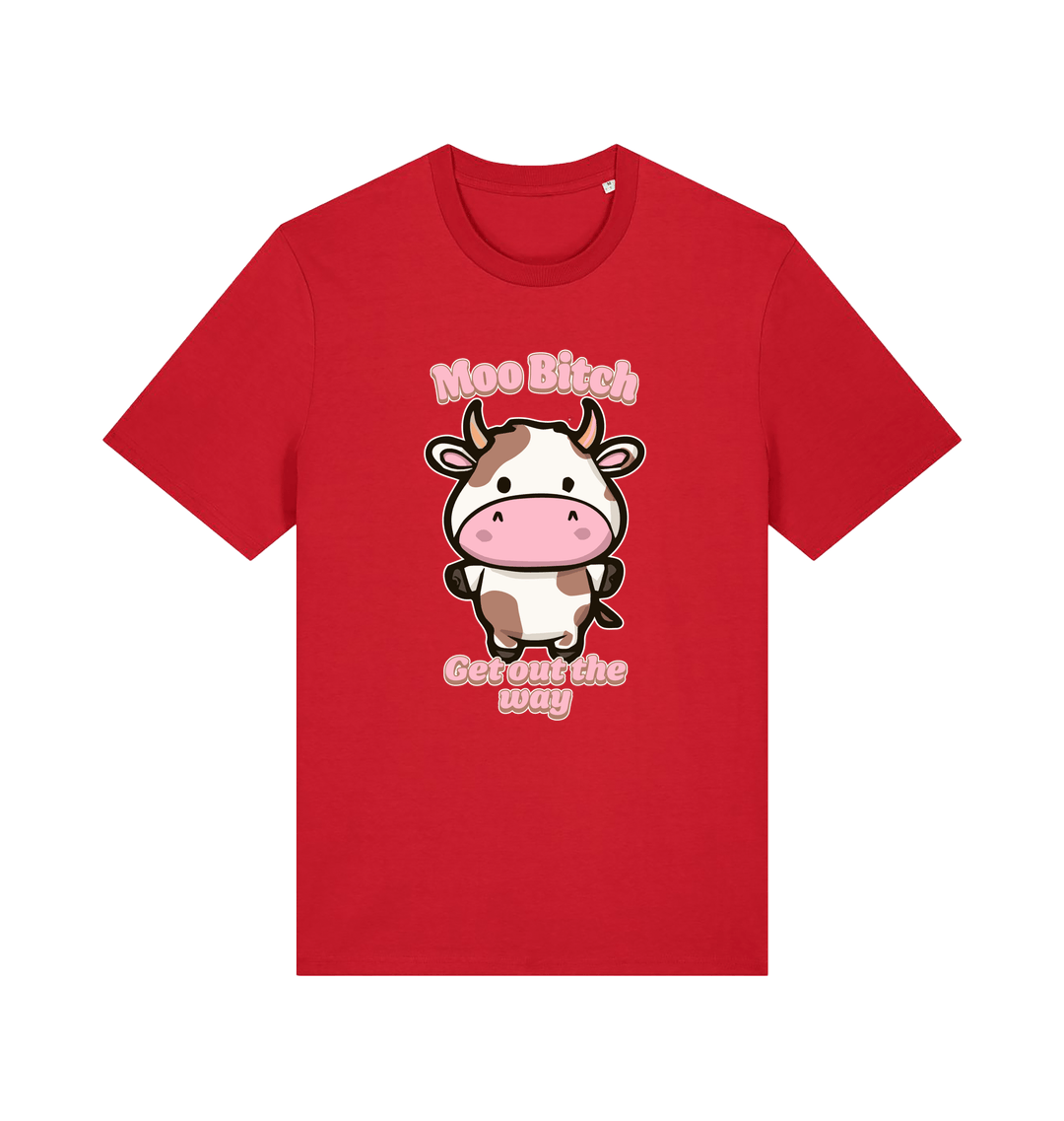 red kawaii t-shirt with the graphic of a cute cow and the slogan 'moo bitch get out the way'