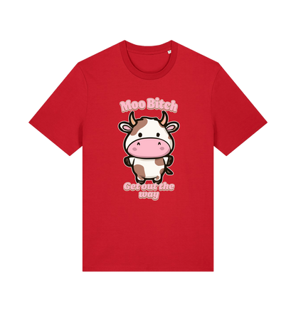 red kawaii t-shirt with the graphic of a cute cow and the slogan 'moo bitch get out the way'