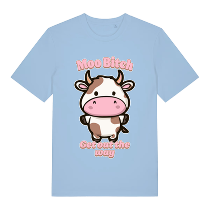 Sky blue Moo Bitch Get Out The Way funny graphic t-shirt featuring kawaii cow and pink lettering  