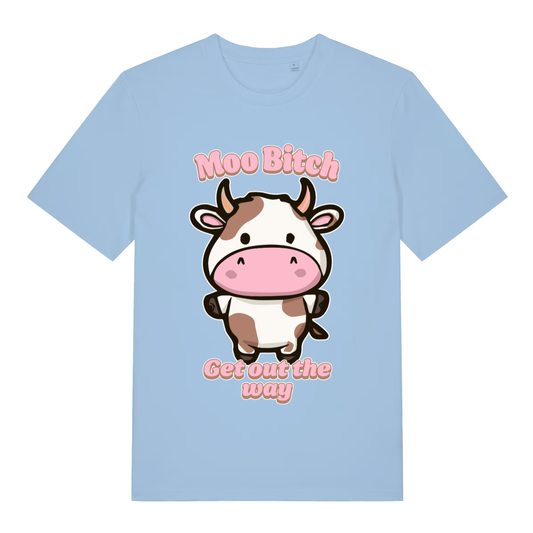 Sky blue Moo Bitch Get Out The Way funny graphic t-shirt featuring kawaii cow and pink lettering  