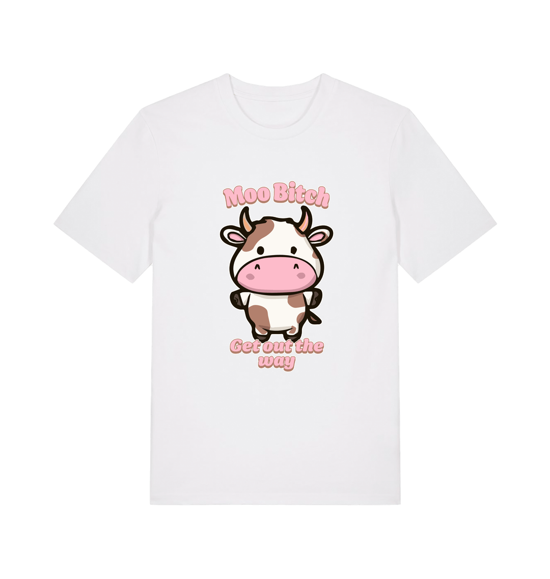 white kawaii t-shirt with the graphic of a cute cow and the slogan 'moo bitch get out the way'
