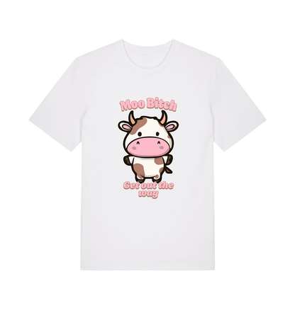 white kawaii t-shirt with the graphic of a cute cow and the slogan 'moo bitch get out the way'