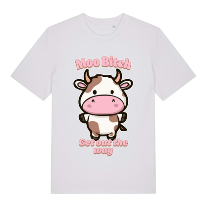 White Moo Bitch Get Out The Way funny graphic t-shirt with cute cow design and “Moo Bitch” slogan  