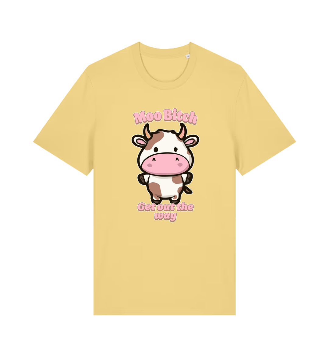 yellow kawaii t-shirt with the graphic of a cute cow and the slogan 'moo bitch get out the way'