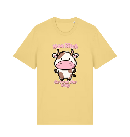 yellow kawaii t-shirt with the graphic of a cute cow and the slogan 'moo bitch get out the way'