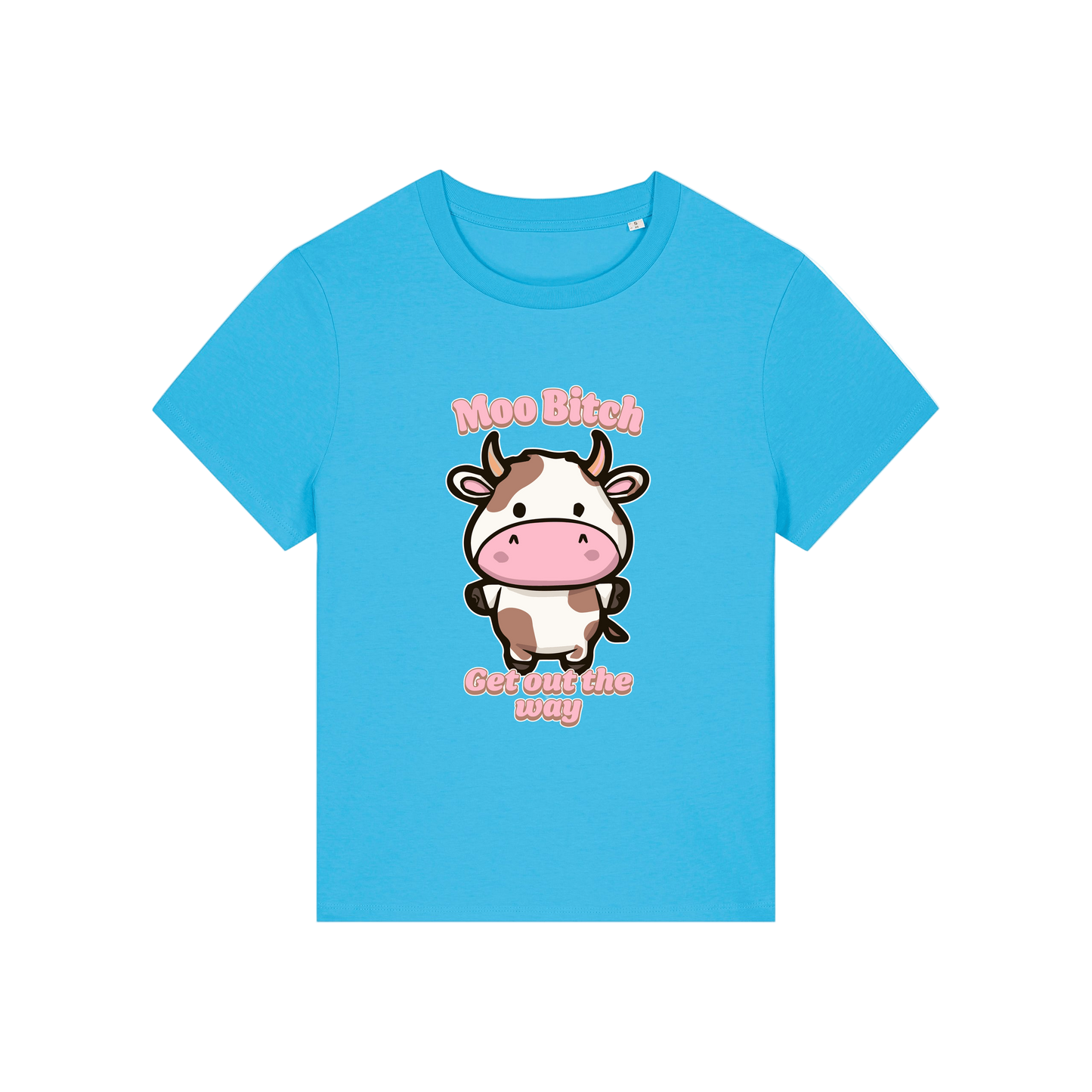 blue kawaii t-shirt with the graphic of a cow and the slogan 'moo bitch get out the way'