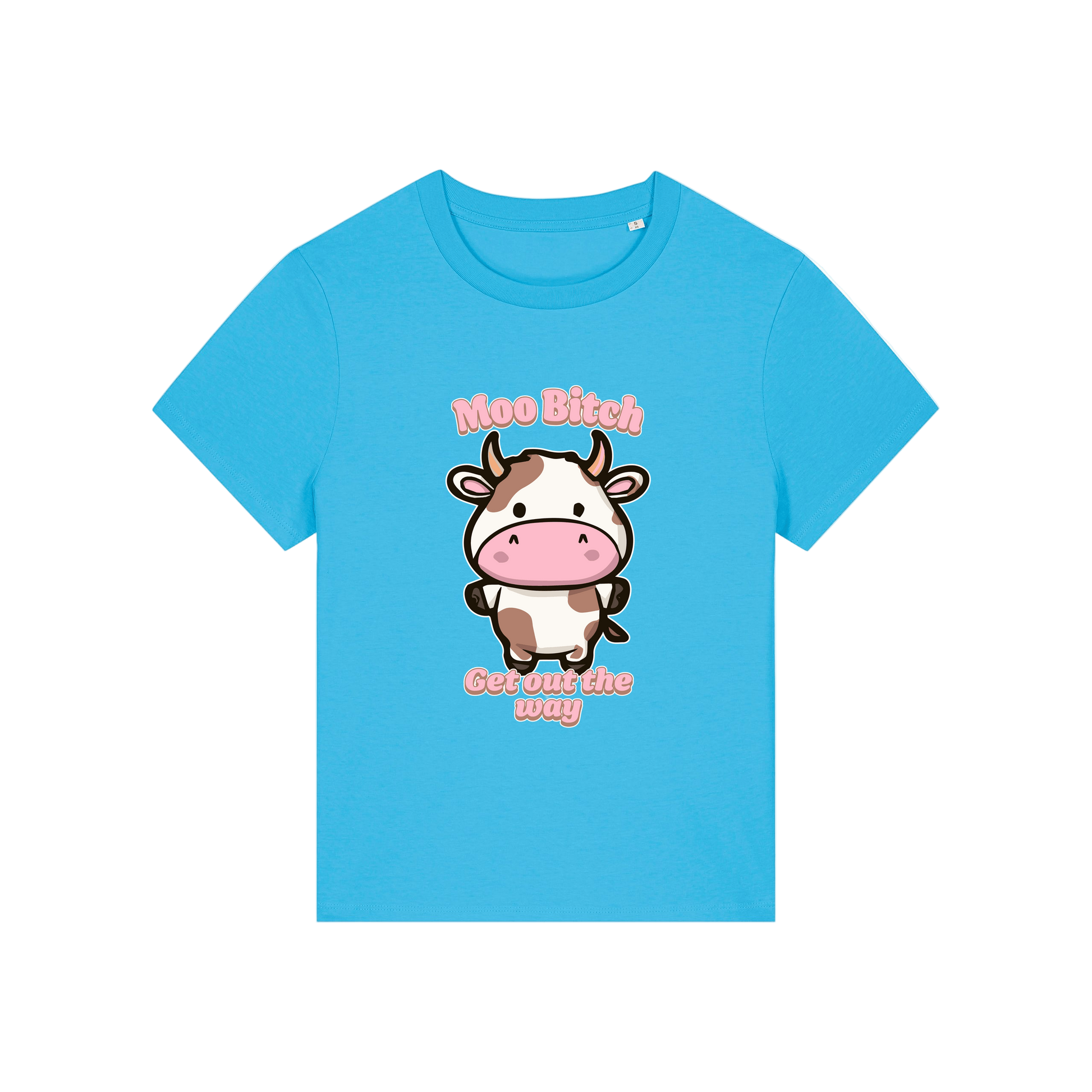 blue kawaii t-shirt with the graphic of a cow and the slogan 'moo bitch get out the way'