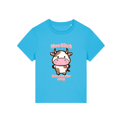 blue kawaii t-shirt with the graphic of a cow and the slogan 'moo bitch get out the way'
