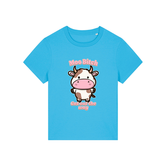 blue kawaii t-shirt with the graphic of a cow and the slogan 'moo bitch get out the way'