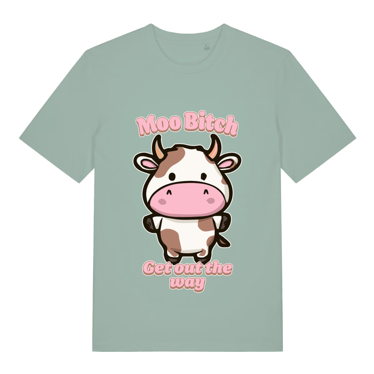 Light green Moo Bitch Get Out The Way funny graphic t-shirt with cute angry cow design and pink text  