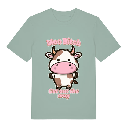 Light green Moo Bitch Get Out The Way funny graphic t-shirt with cute angry cow design and pink text  
