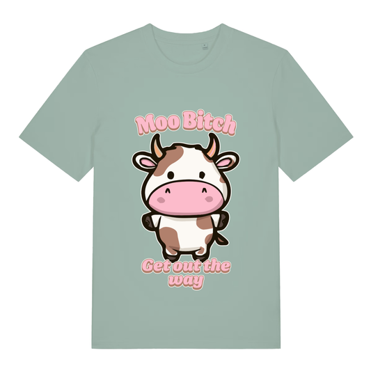 Light green Moo Bitch Get Out The Way funny graphic t-shirt with cute angry cow design and pink text  