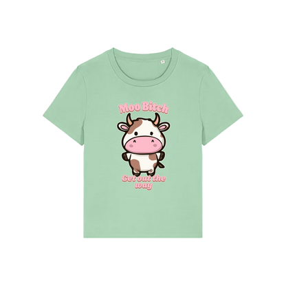green kawaii t-shirt with the graphic of a cow and the slogan 'moo bitch get out the way'