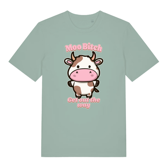 green women's kawaii t-shirt with the graphic of a cartoon cow and the slogan 'moo bitch get out the way'