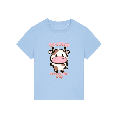 light blue kawaii t-shirt with the graphic of a cow and the slogan 'moo bitch get out the way'