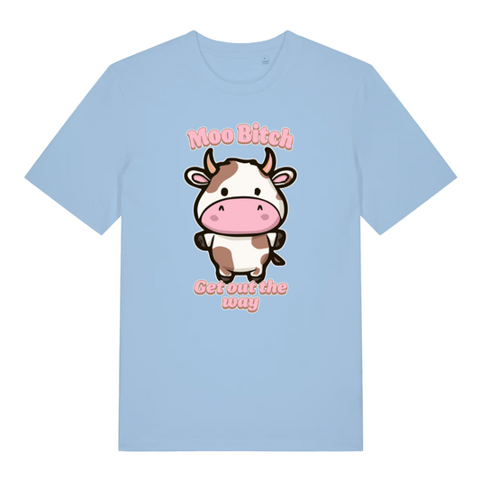 light blue women's kawaii t-shirt with the graphic of a cartoon cow and the slogan 'moo bitch get out the way'