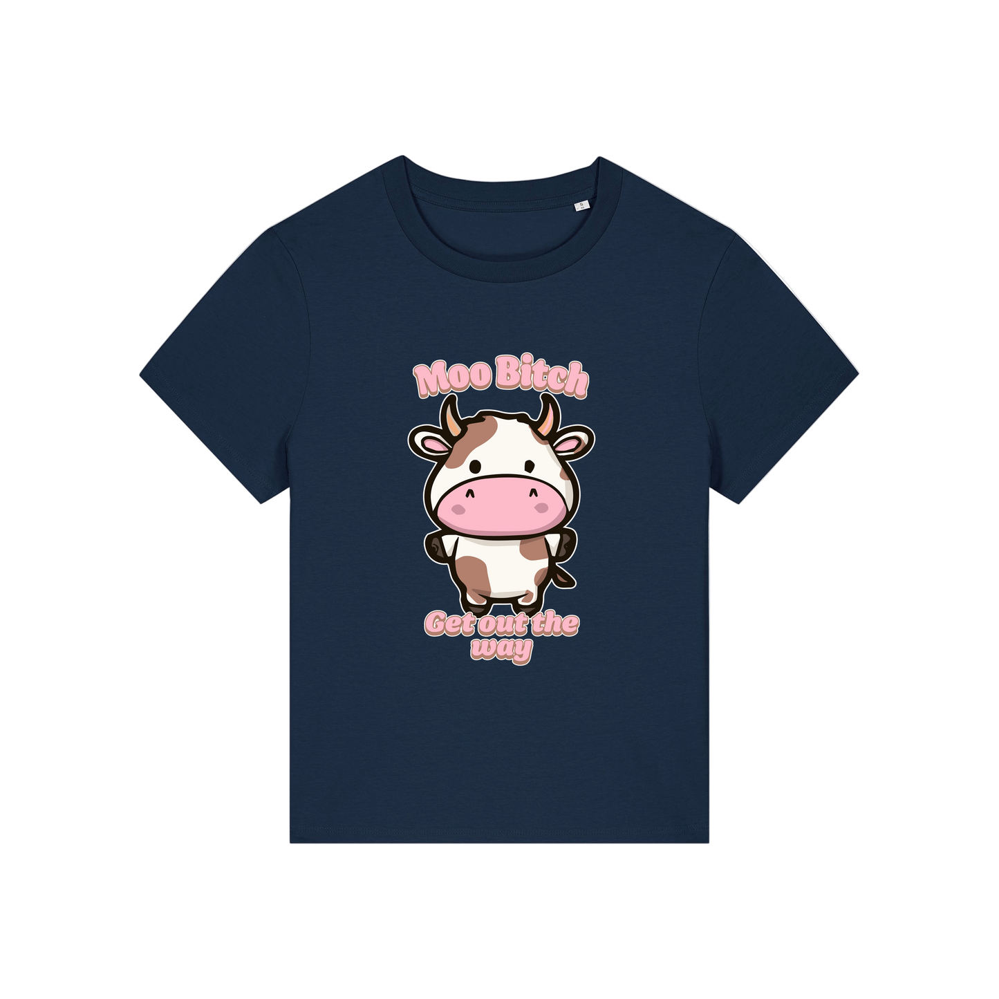 navy kawaii t-shirt with the graphic of a cow and the slogan 'moo bitch get out the way'