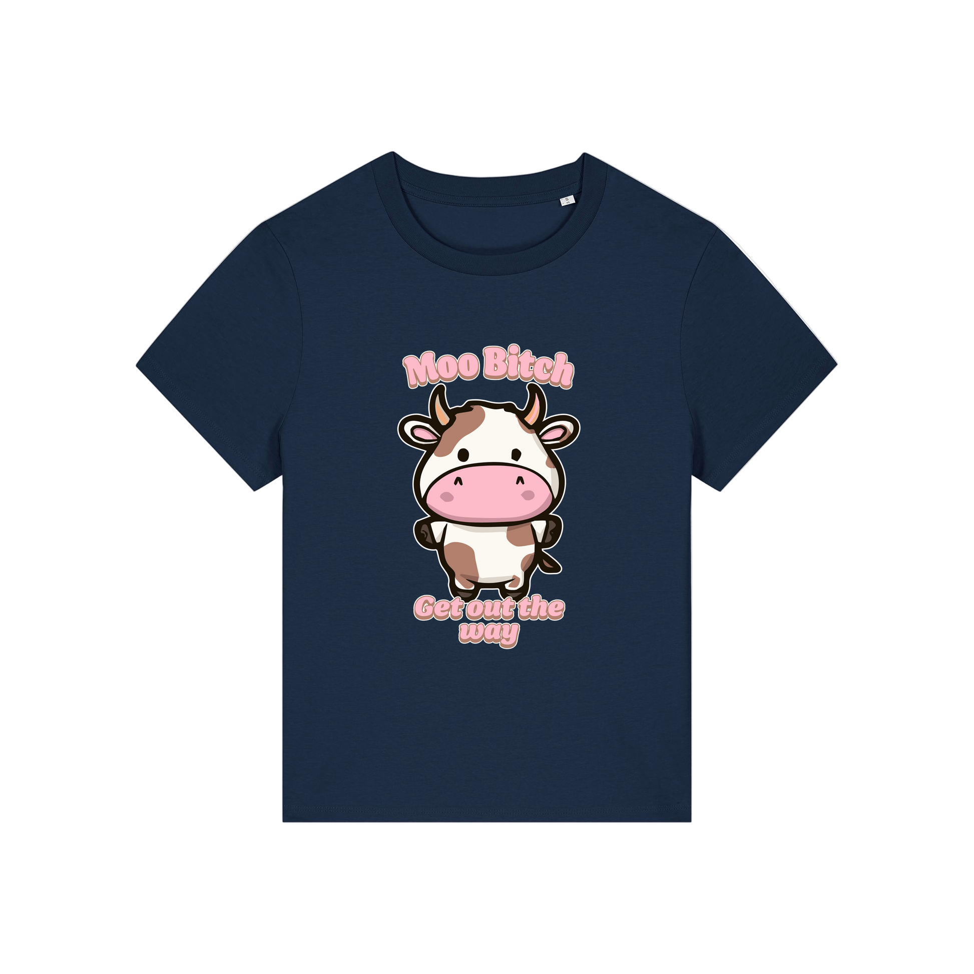 navy kawaii t-shirt with the graphic of a cow and the slogan 'moo bitch get out the way'