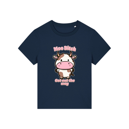 navy kawaii t-shirt with the graphic of a cow and the slogan 'moo bitch get out the way'