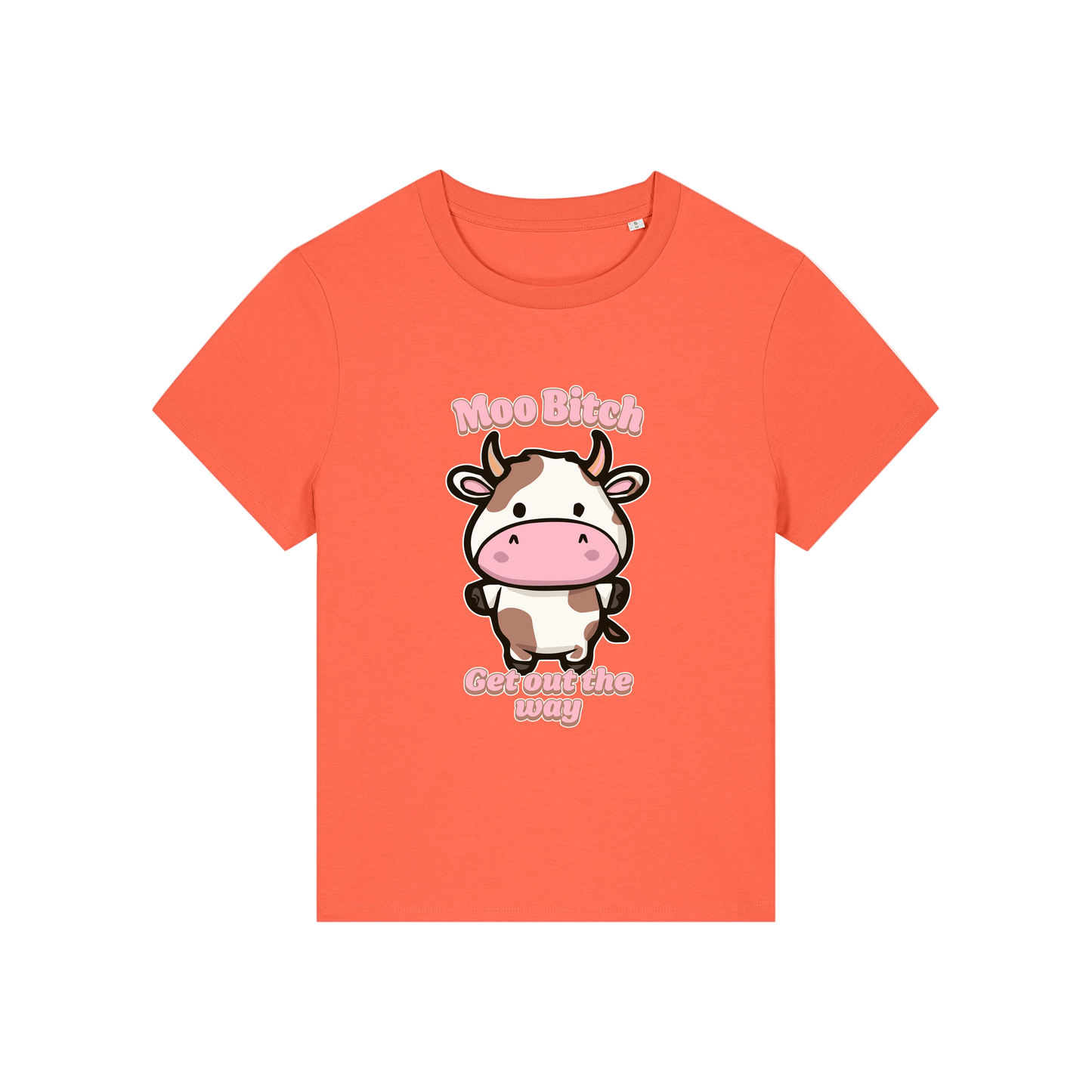 orange kawaii t-shirt with the graphic of a cow and the slogan 'moo bitch get out the way'