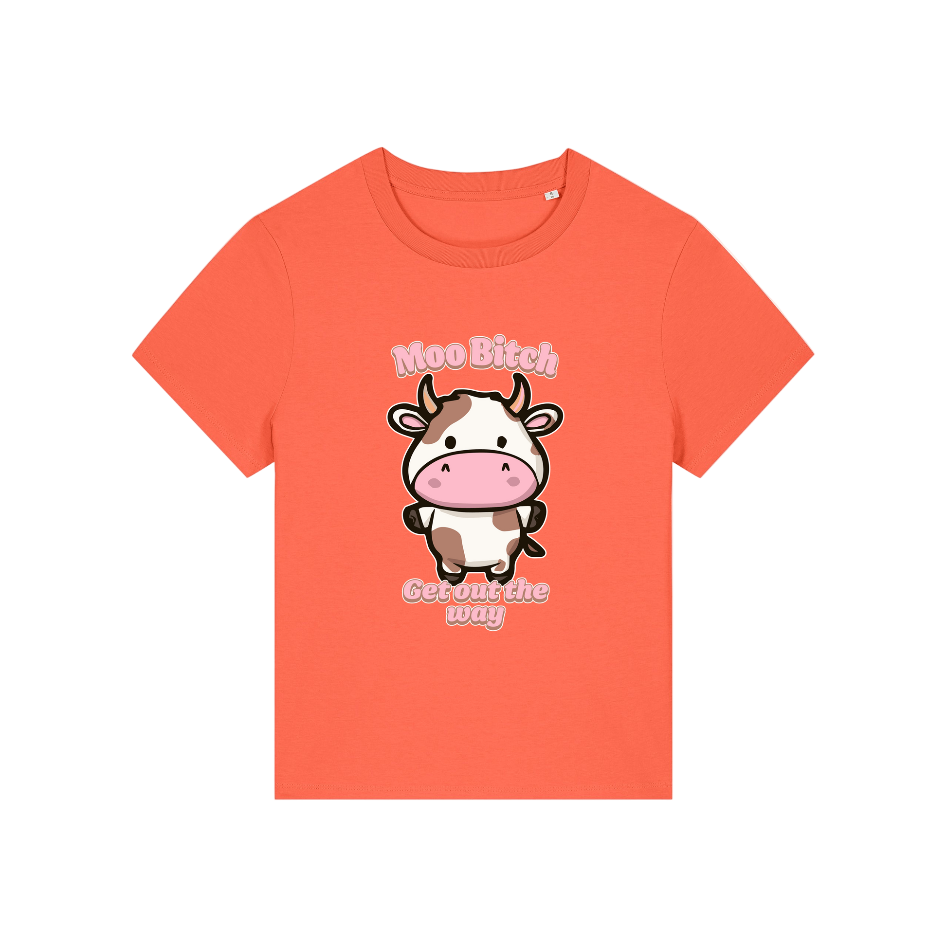 orange kawaii t-shirt with the graphic of a cow and the slogan 'moo bitch get out the way'