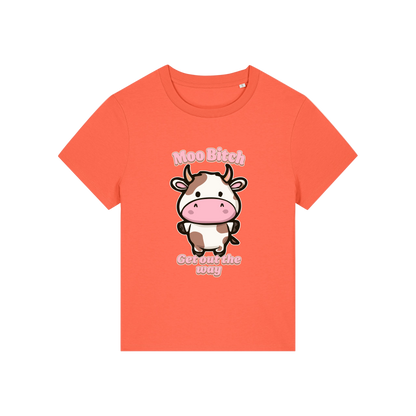 orange kawaii t-shirt with the graphic of a cow and the slogan 'moo bitch get out the way'
