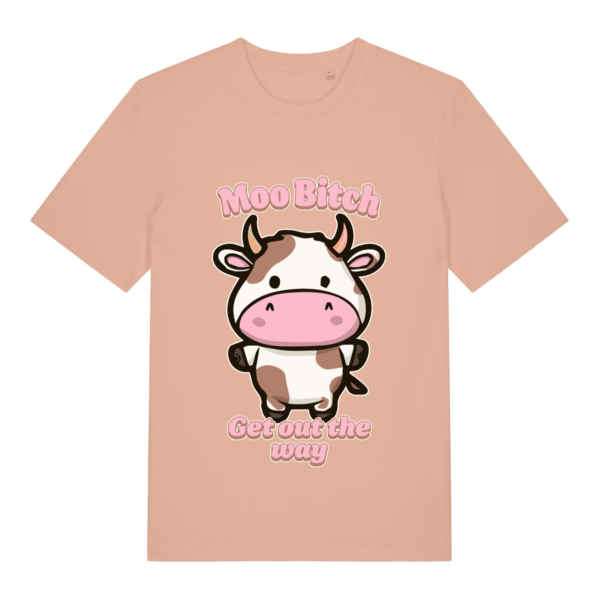 Peach Moo Bitch Get Out The Way funny graphic t-shirt featuring kawaii cow and bold pink lettering  