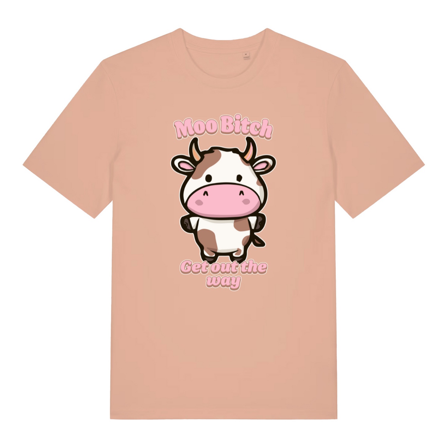 peach women's kawaii t-shirt with the graphic of a cartoon cow and the slogan 'moo bitch get out the way'