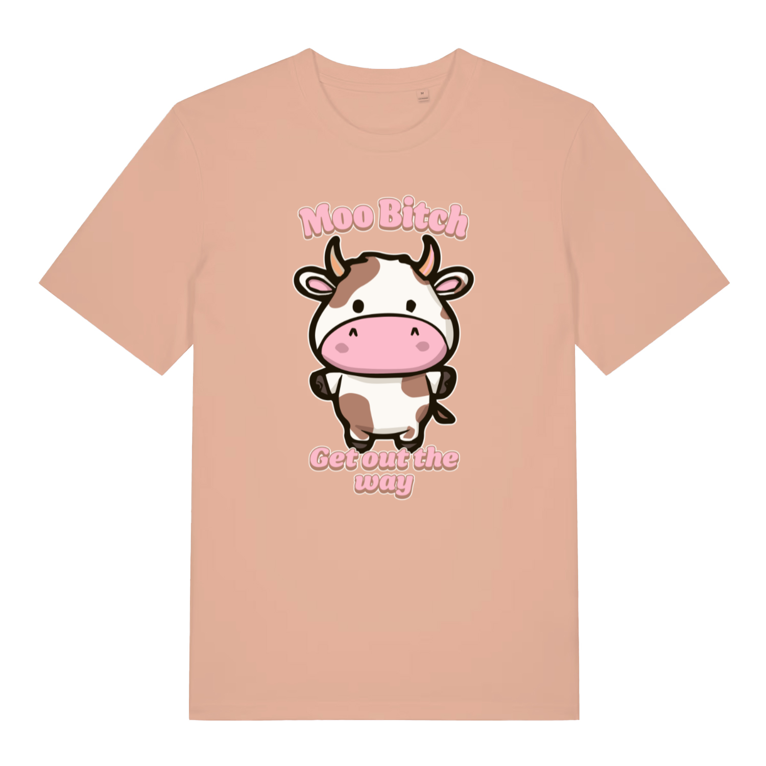 peach women's kawaii t-shirt with the graphic of a cartoon cow and the slogan 'moo bitch get out the way'