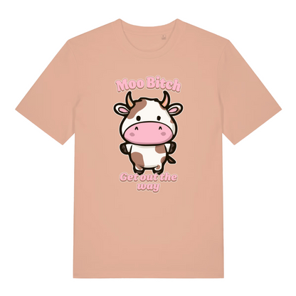 peach women's kawaii t-shirt with the graphic of a cartoon cow and the slogan 'moo bitch get out the way'
