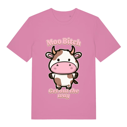 Pink Moo Bitch Get Out The Way funny graphic t-shirt with cute cow and “Get out the way” text  