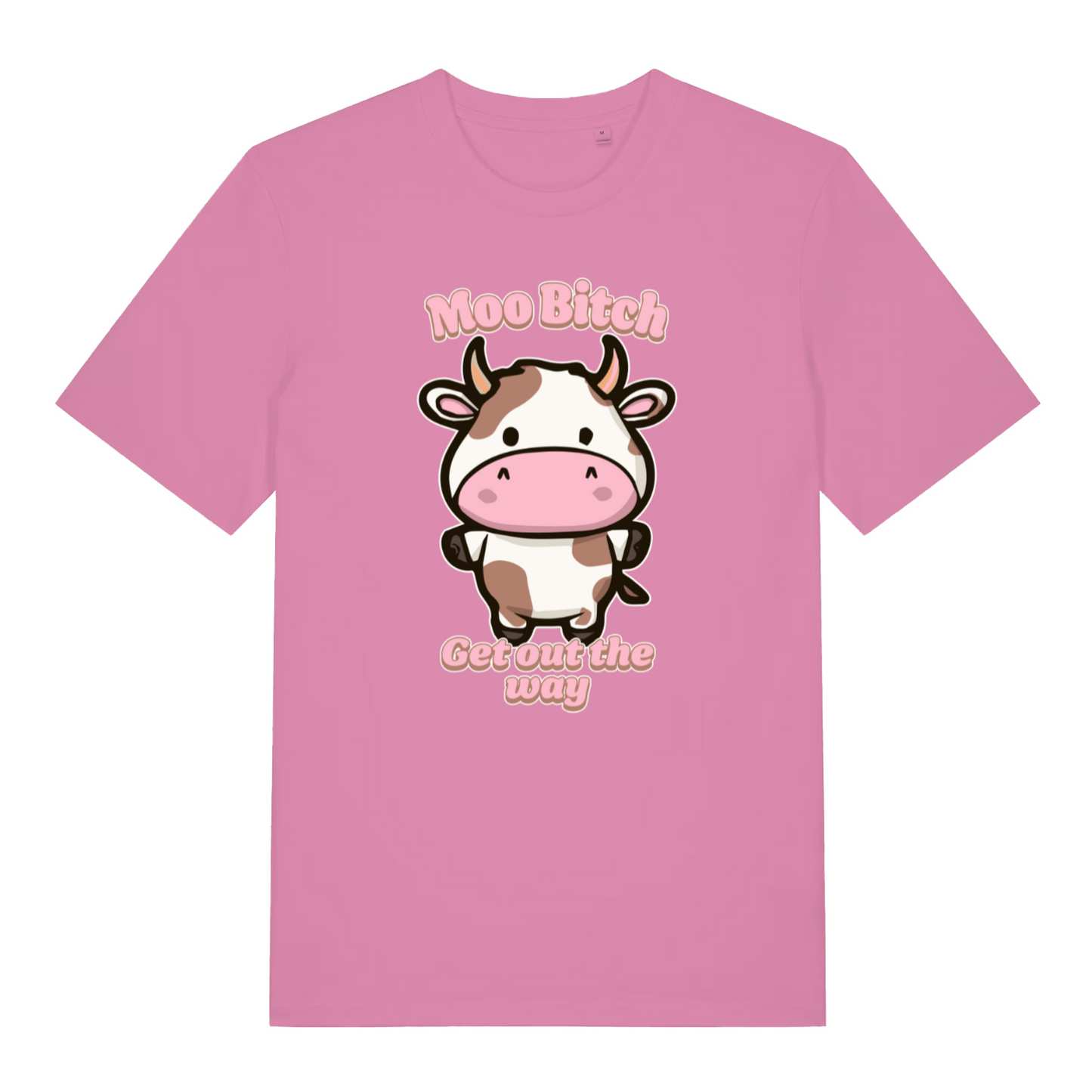 pink women's kawaii t-shirt with the graphic of a cartoon cow and the slogan 'moo bitch get out the way'