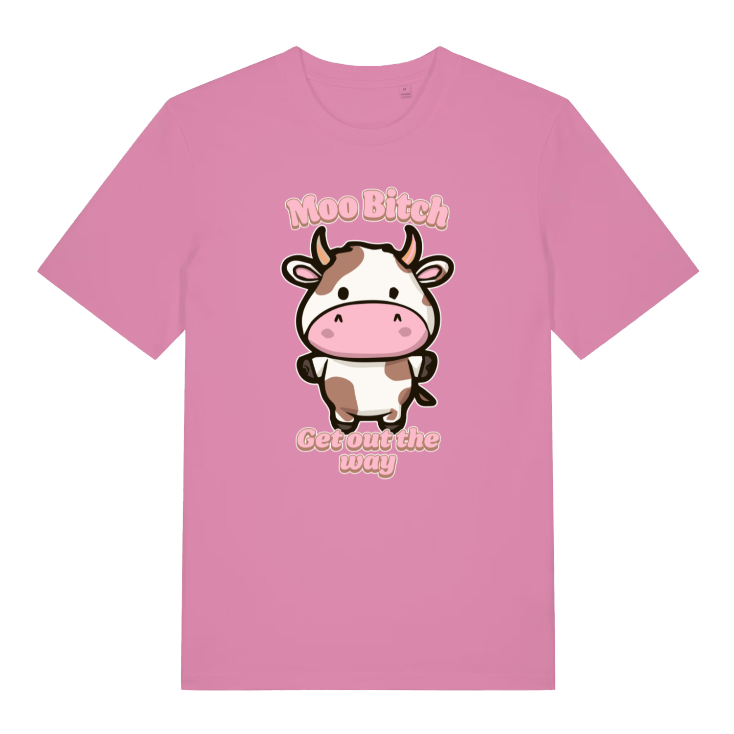 pink women's kawaii t-shirt with the graphic of a cartoon cow and the slogan 'moo bitch get out the way'