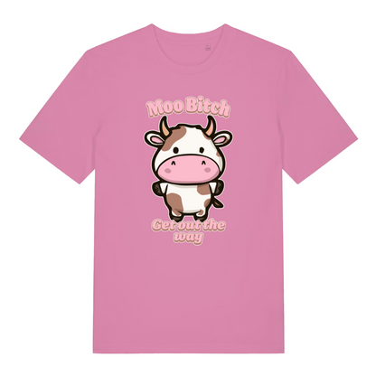 pink women's kawaii t-shirt with the graphic of a cartoon cow and the slogan 'moo bitch get out the way'