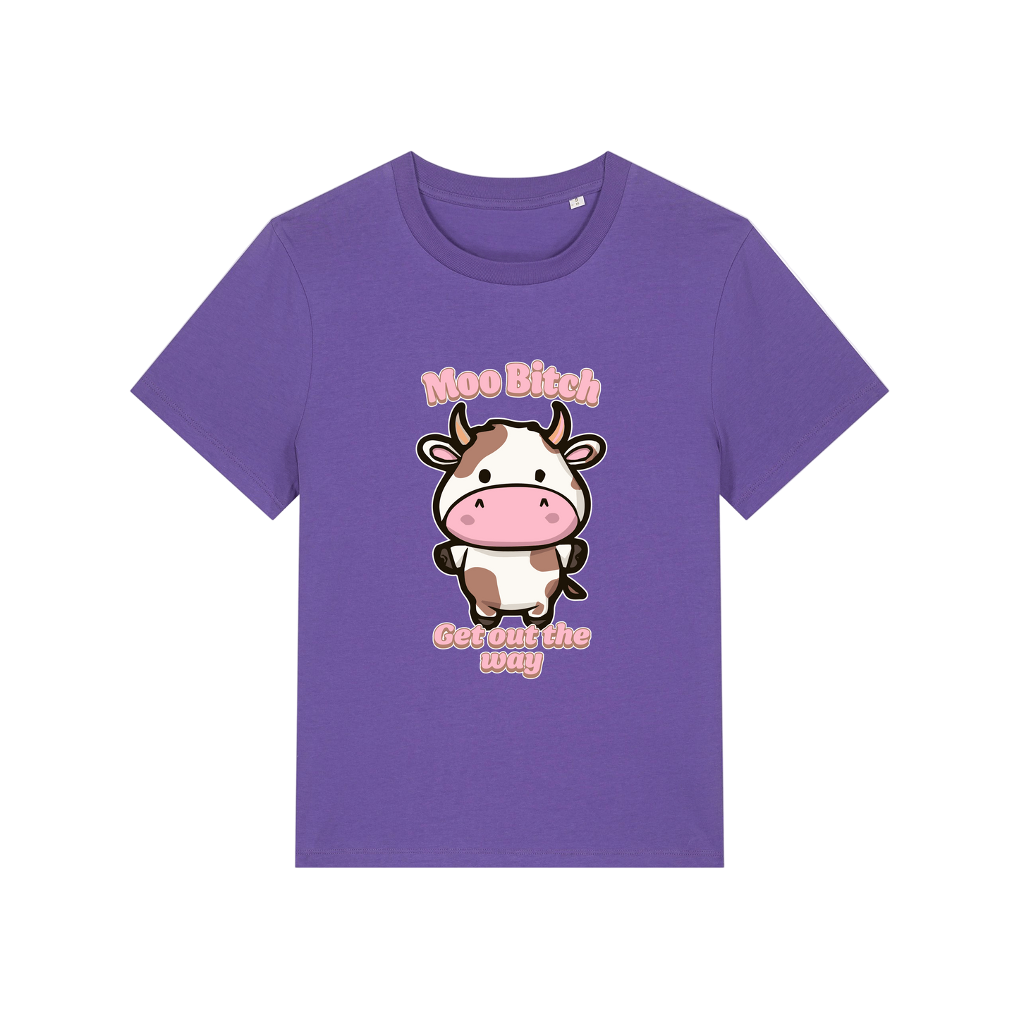 purple kawaii t-shirt with the graphic of a cow and the slogan 'moo bitch get out the way'