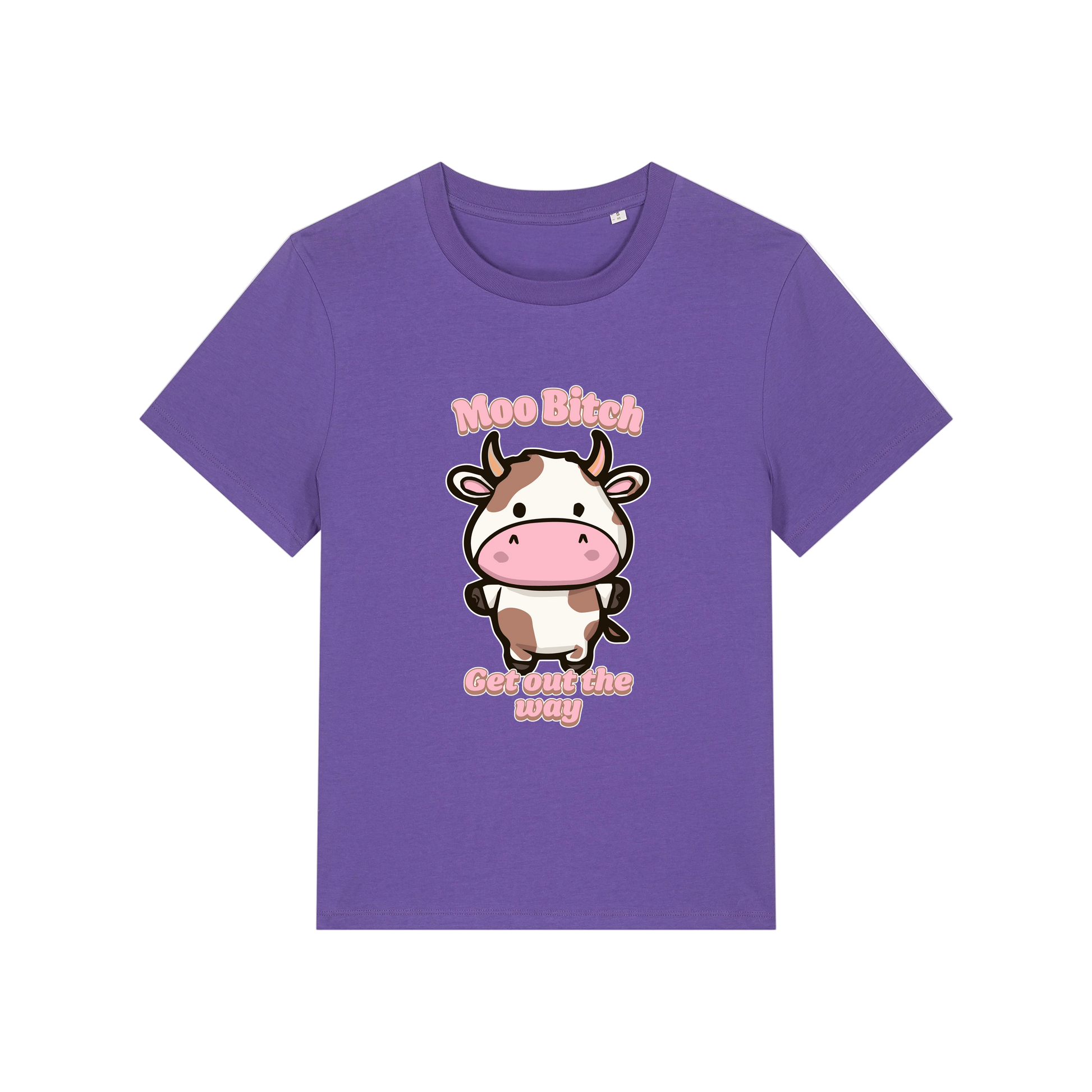 purple kawaii t-shirt with the graphic of a cow and the slogan 'moo bitch get out the way'