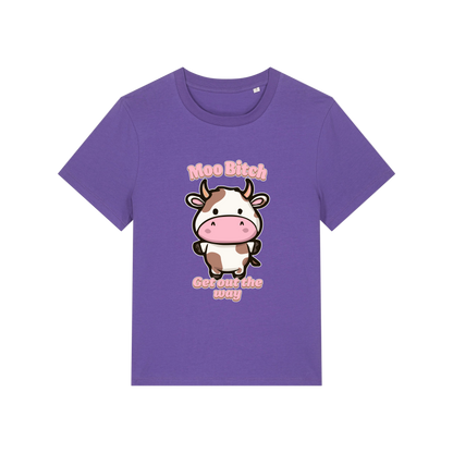 purple kawaii t-shirt with the graphic of a cow and the slogan 'moo bitch get out the way'