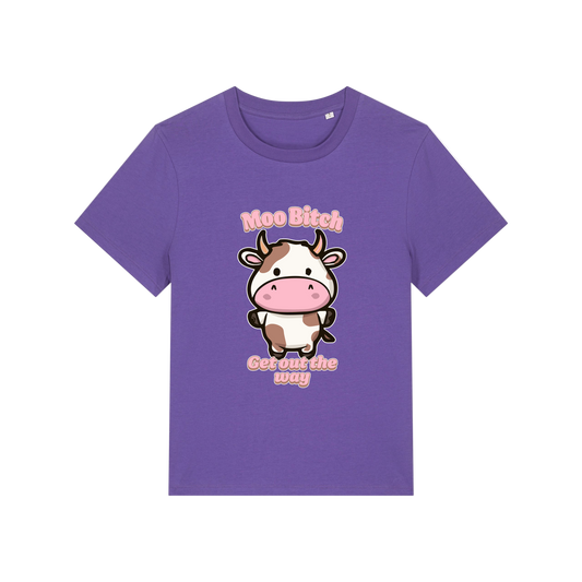 purple kawaii t-shirt with the graphic of a cow and the slogan 'moo bitch get out the way'