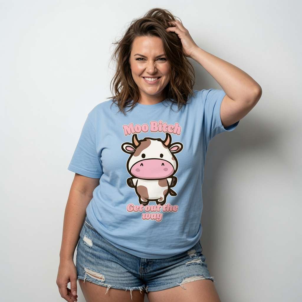 Woman smiling with hand in hair in sky blue Moo Bitch Get Out the Way t-shirt featuring cartoon cow, ladies fun kawaii cow graphic