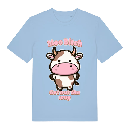 Sky blue Moo Bitch Get Out The Way funny graphic t-shirt showing kawaii cow design and pink slogan  