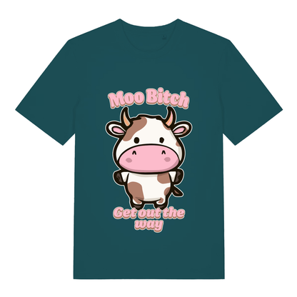 Teal Moo Bitch Get Out The Way funny graphic t-shirt with angry cute cow and bold text  
