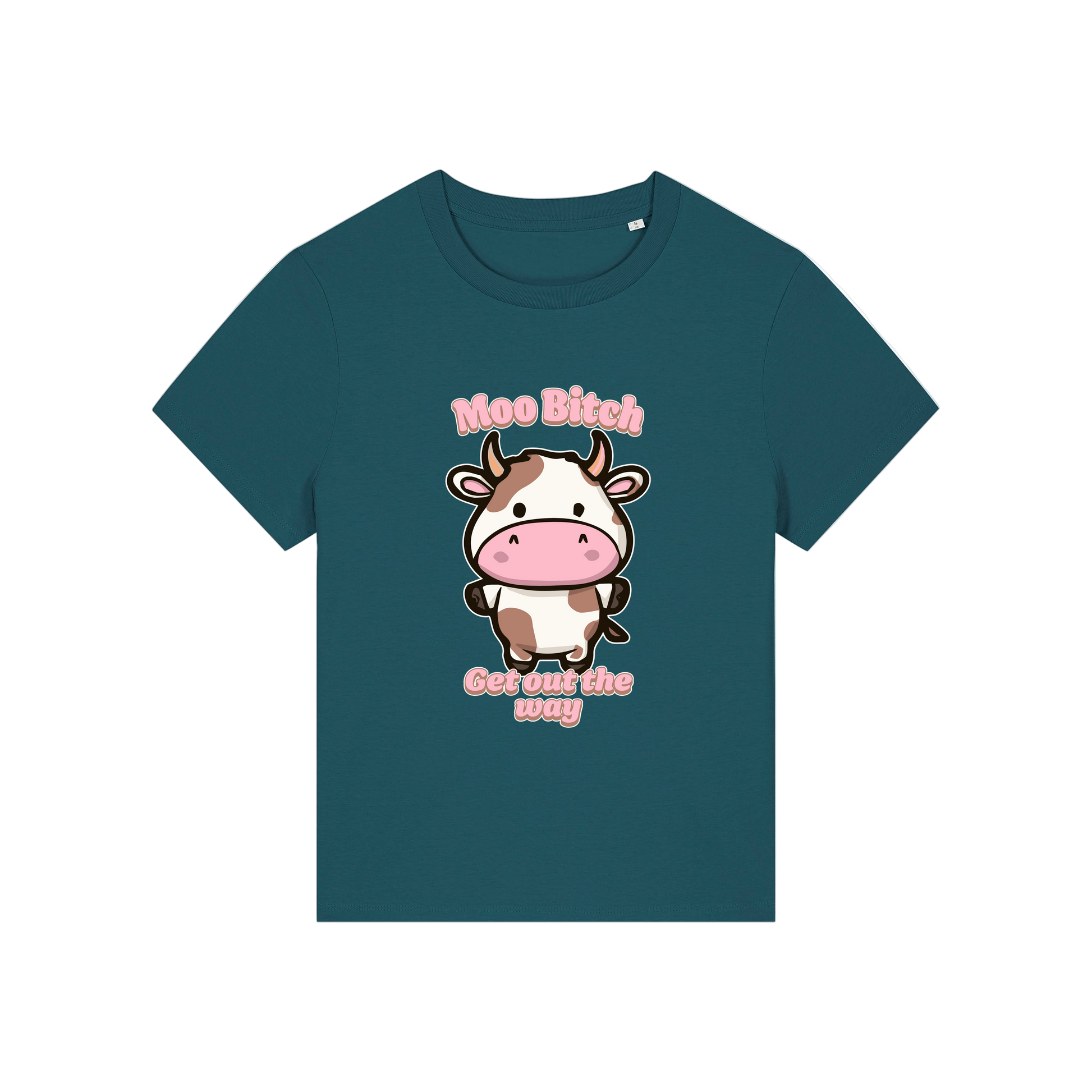 teal kawaii t-shirt with the graphic of a cow and the slogan 'moo bitch get out the way'