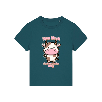 teal kawaii t-shirt with the graphic of a cow and the slogan 'moo bitch get out the way'