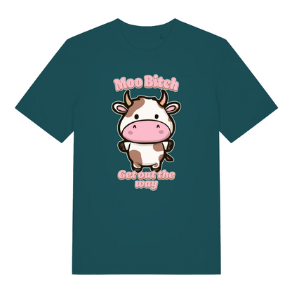teal women's kawaii t-shirt with the graphic of a cartoon cow and the slogan 'moo bitch get out the way'