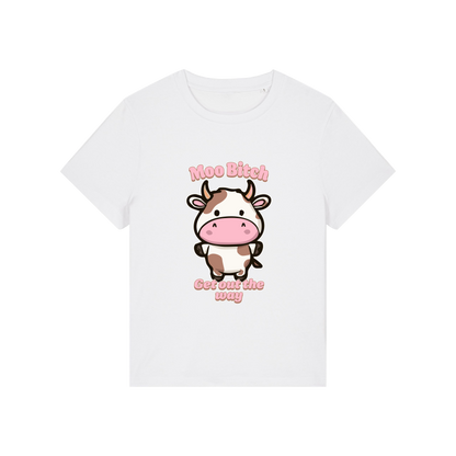 white kawaii t-shirt with the graphic of a cow and the slogan 'moo bitch get out the way'