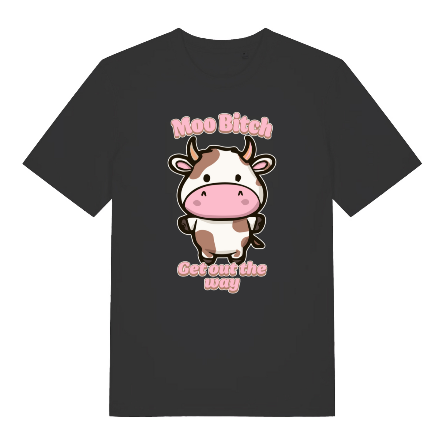 black kawaii t-shirt with the graphic of a cartoon cow and the slogan 'moo bitch get out the way'