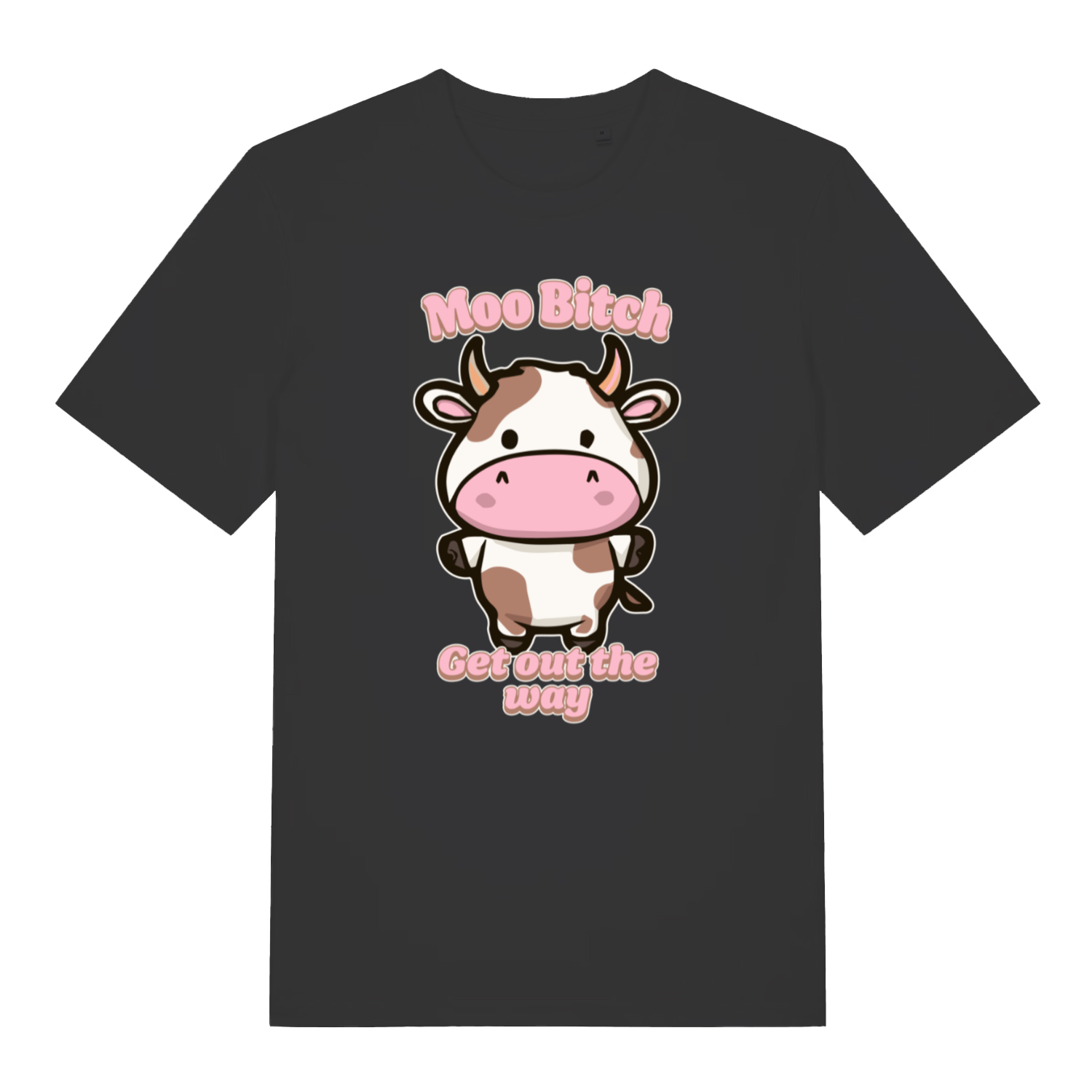 black kawaii t-shirt with the graphic of a cartoon cow and the slogan 'moo bitch get out the way'